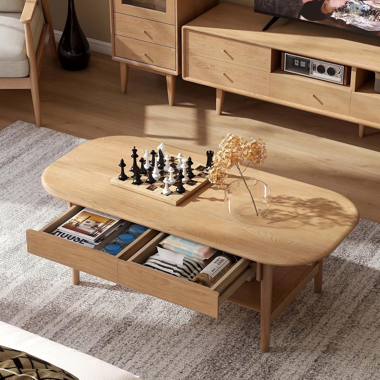 100% Solid Wood Coffee Table for Living Room, 2-Tier Living Room Table with 2 Drawers and Shelf Storage, Mid Century Modern Coffee Table for Home