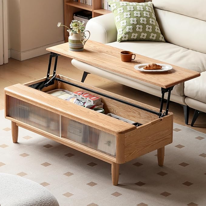 Wood Lift Top Coffee Table, 100% Solid Oak Wood Log Color Coffee Table with Glass Sliding Door
