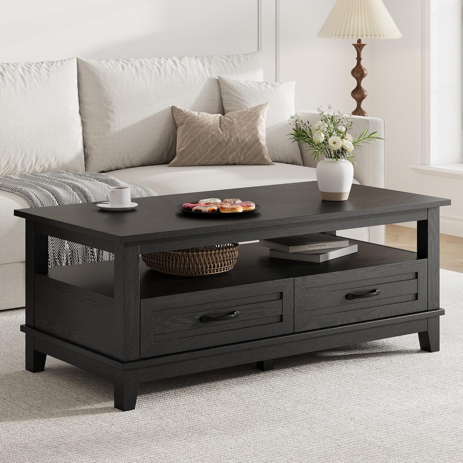 Coffee Table with Drawers, 47.2 in Center Table Rustic Coffee Tables Black Living Room Table, with Open Shelf and 6 Support Legs