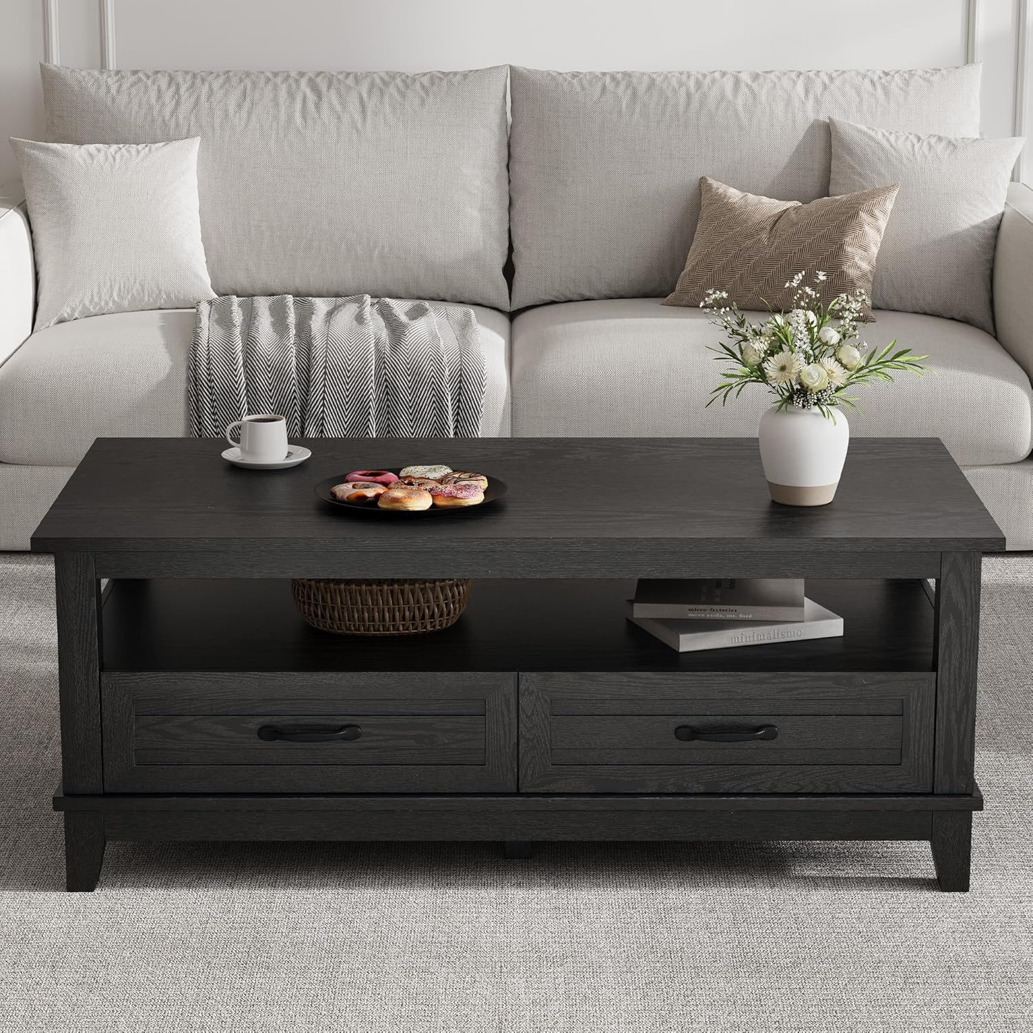Coffee Table with Drawers, 47.2 in Center Table Rustic Coffee Tables Black Living Room Table, with Open Shelf and 6 Support Legs