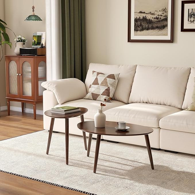 Small Oval Nesting Table, Mid Century Coffee Tables for Living Room,Solid Oak Wood Side Table,Triangle Tabletop with 3 Legs