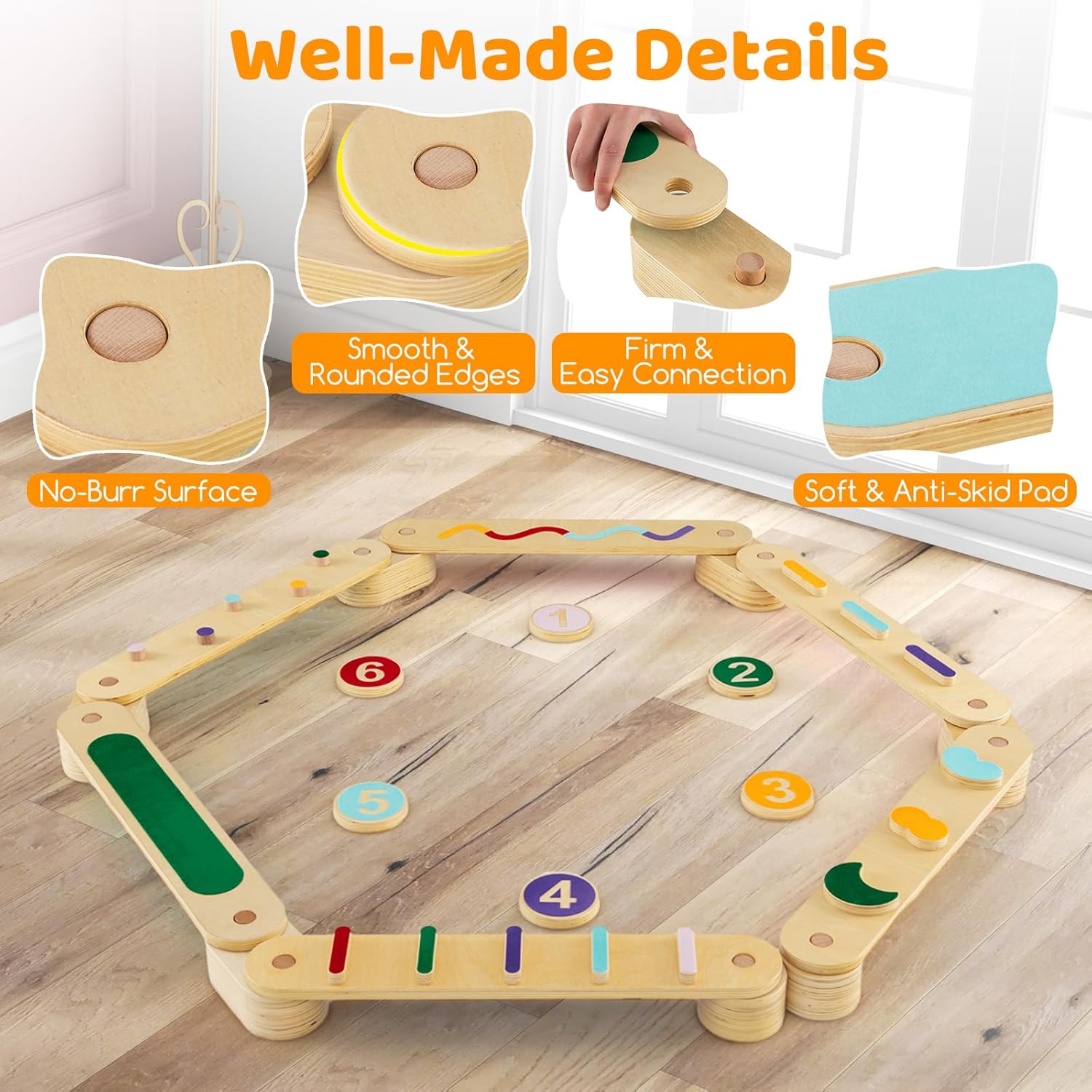 Montessori Wooden Balance Beam Step Stones, Double-Sided 12-pcs Kids Gymnastics Obstacle Course Balance Board Playset for Coordination