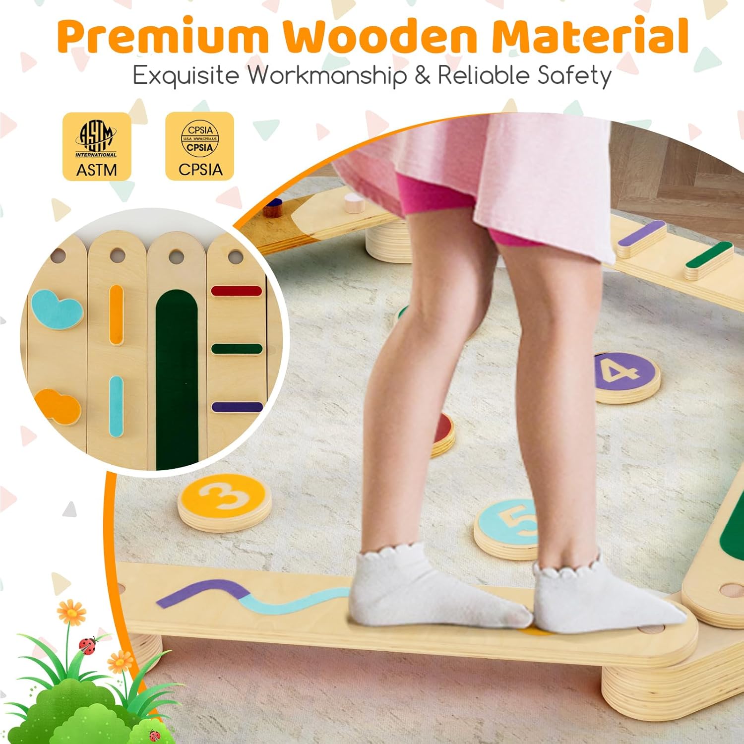Montessori Wooden Balance Beam Step Stones, Double-Sided 12-pcs Kids Gymnastics Obstacle Course Balance Board Playset for Coordination