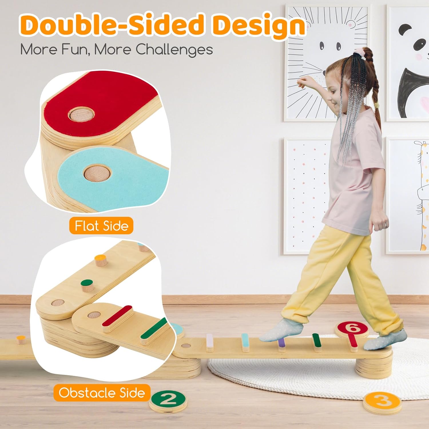 Montessori Wooden Balance Beam Step Stones, Double-Sided 12-pcs Kids Gymnastics Obstacle Course Balance Board Playset for Coordination