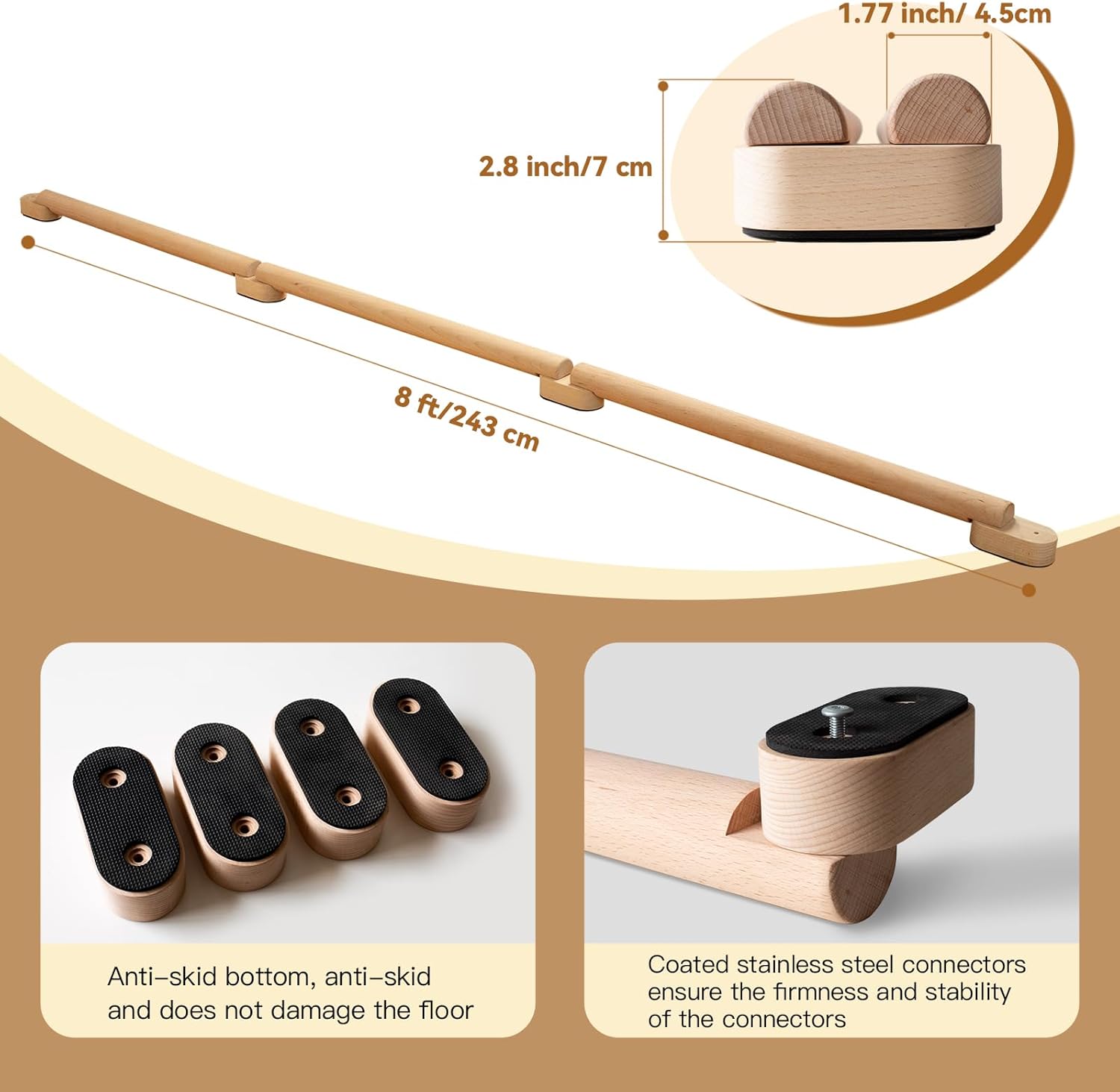 8 FT Adjustable Beech Wood Balance Beam for Indoor and Outdoor UseImprove Balance