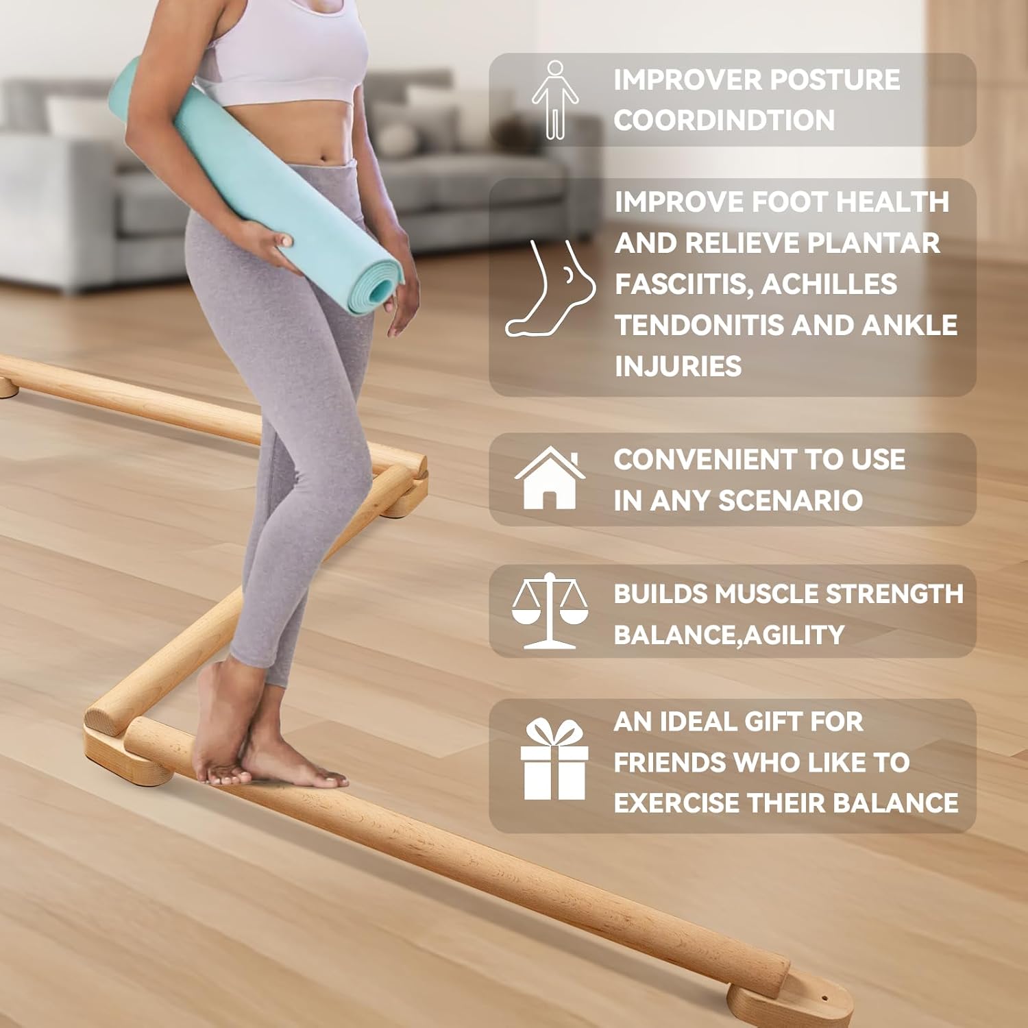 8 FT Adjustable Beech Wood Balance Beam for Indoor and Outdoor UseImprove Balance