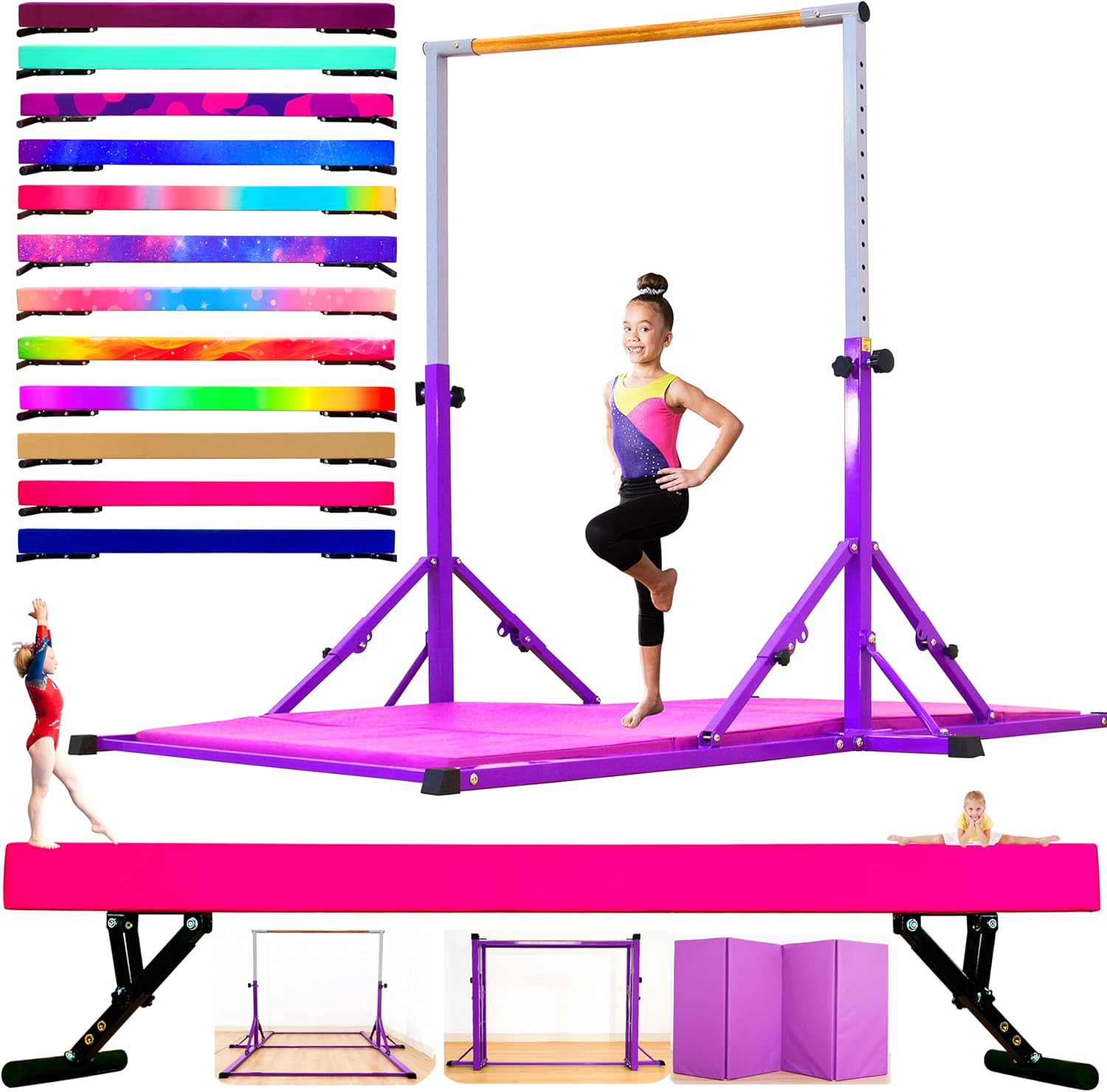 Gymnastic Bar with Mat and 8ft Adjustable Balance Beam for Kids of All Gymnastic Levels Home and Club Use