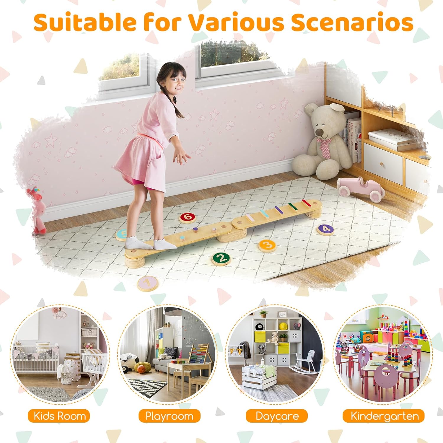 Montessori Wooden Balance Beam Step Stones, Double-Sided 12-pcs Kids Gymnastics Obstacle Course Balance Board Playset for Coordination