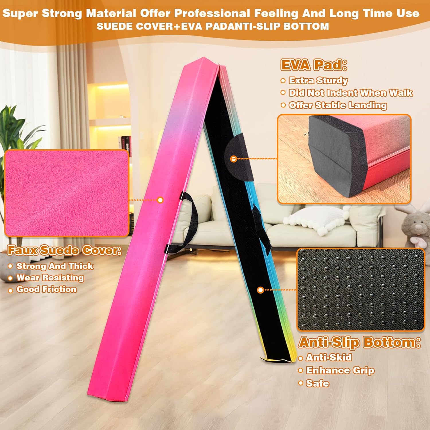 6 FT Folding Gymnastics Beam Foam Balance Floor Beam - Extra Firm - Suede Cover