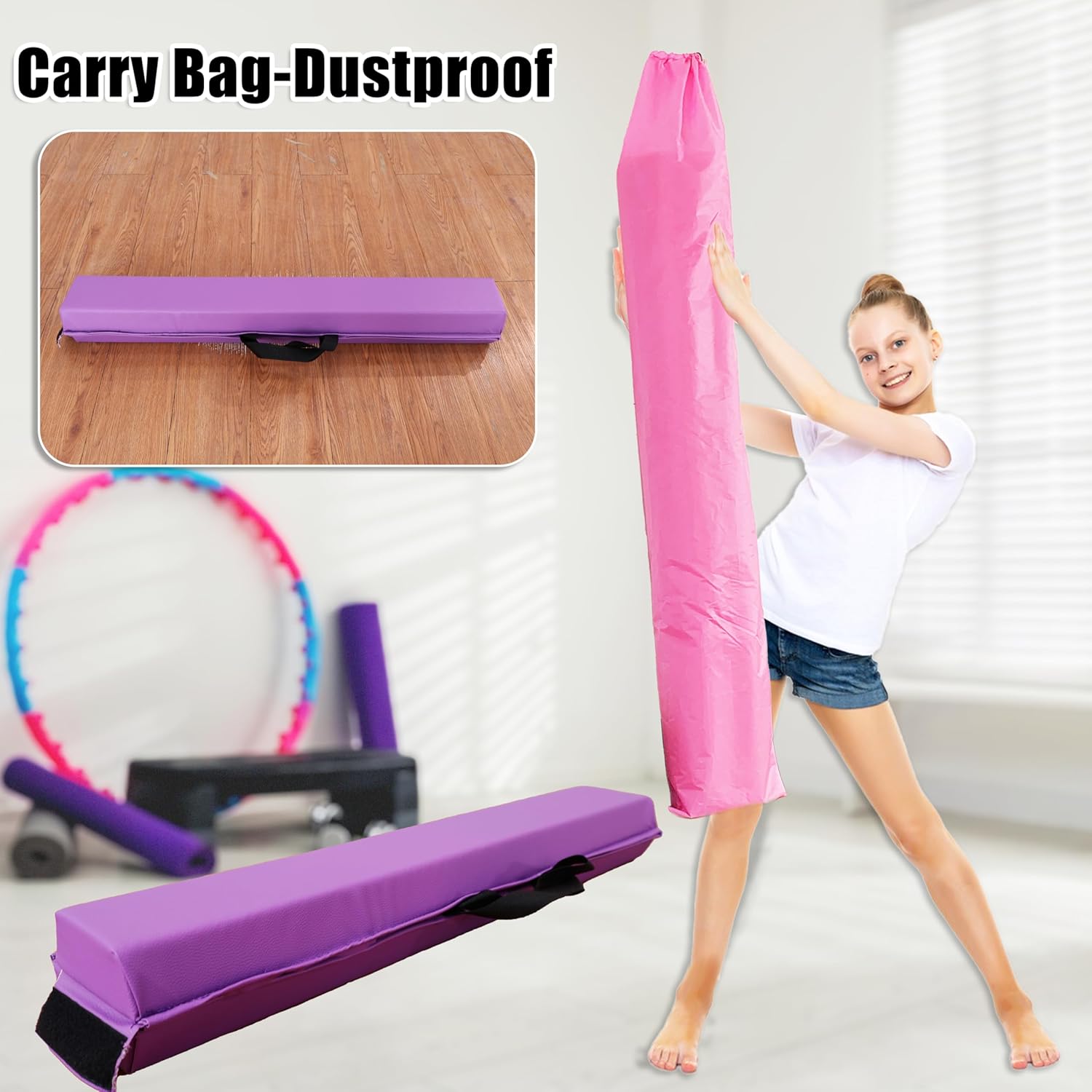 9 FT Folding Gymnastic Balance Beam for Kids with Carry Bag for Home