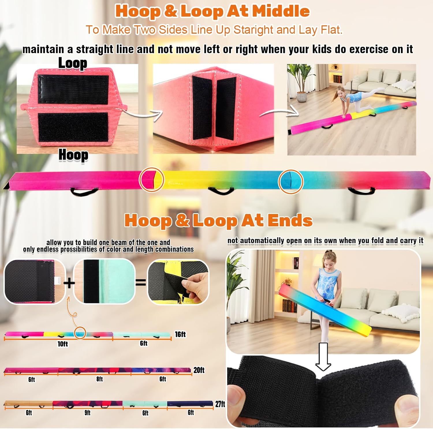 6 FT Folding Gymnastics Beam Foam Balance Floor Beam - Extra Firm - Suede Cover