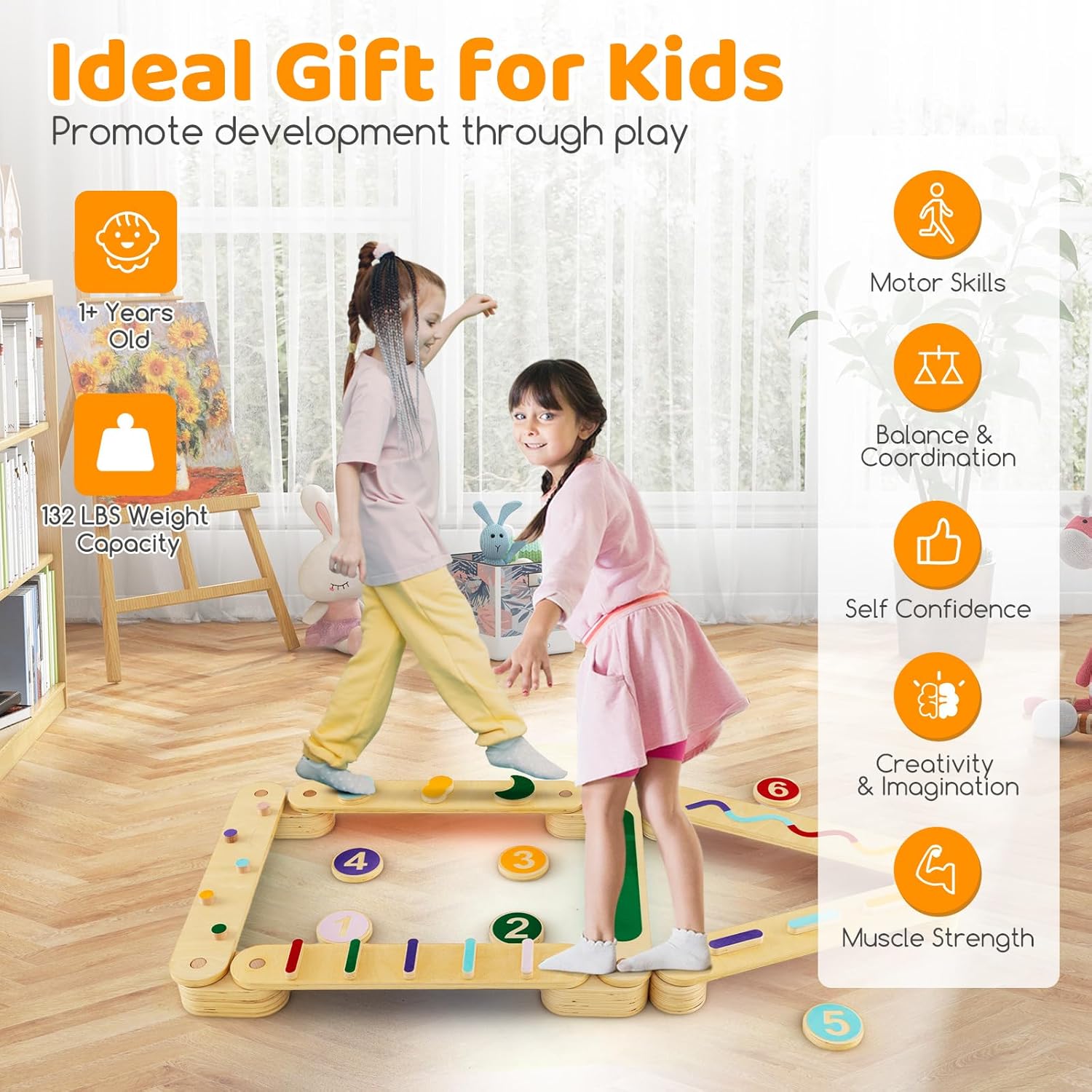 Montessori Wooden Balance Beam Step Stones, Double-Sided 12-pcs Kids Gymnastics Obstacle Course Balance Board Playset for Coordination