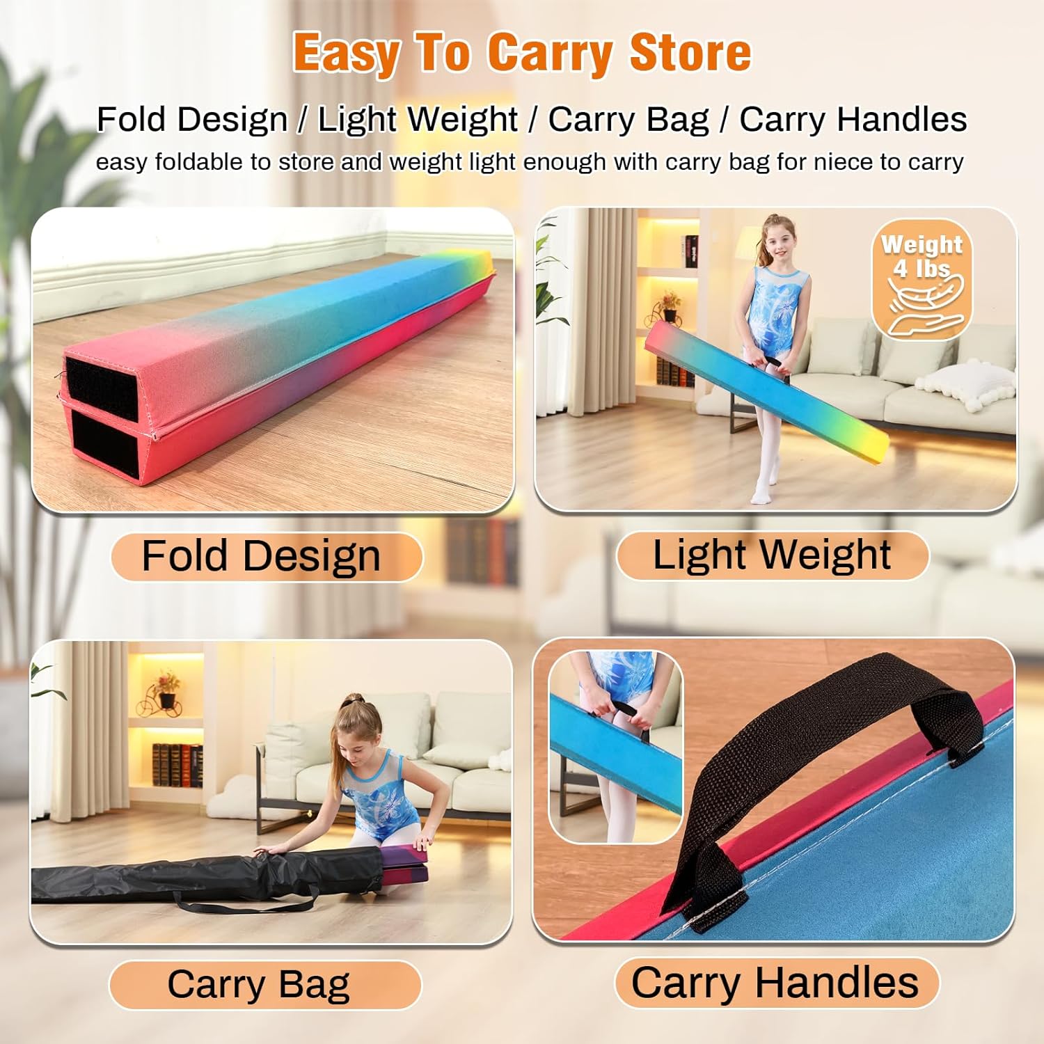 6 FT Folding Gymnastics Beam Foam Balance Floor Beam - Extra Firm - Suede Cover