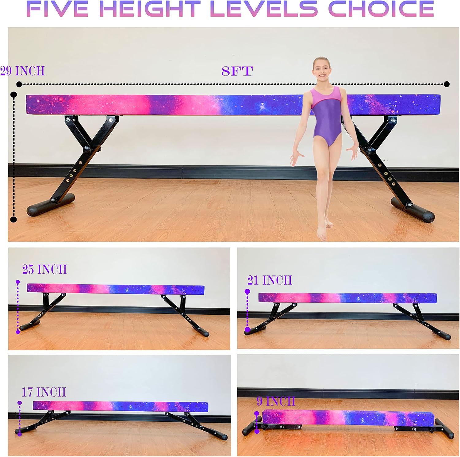 8 ft Gymnastic Beam Adjustable Height for Kids and Teenage of All Gymnastic Levels