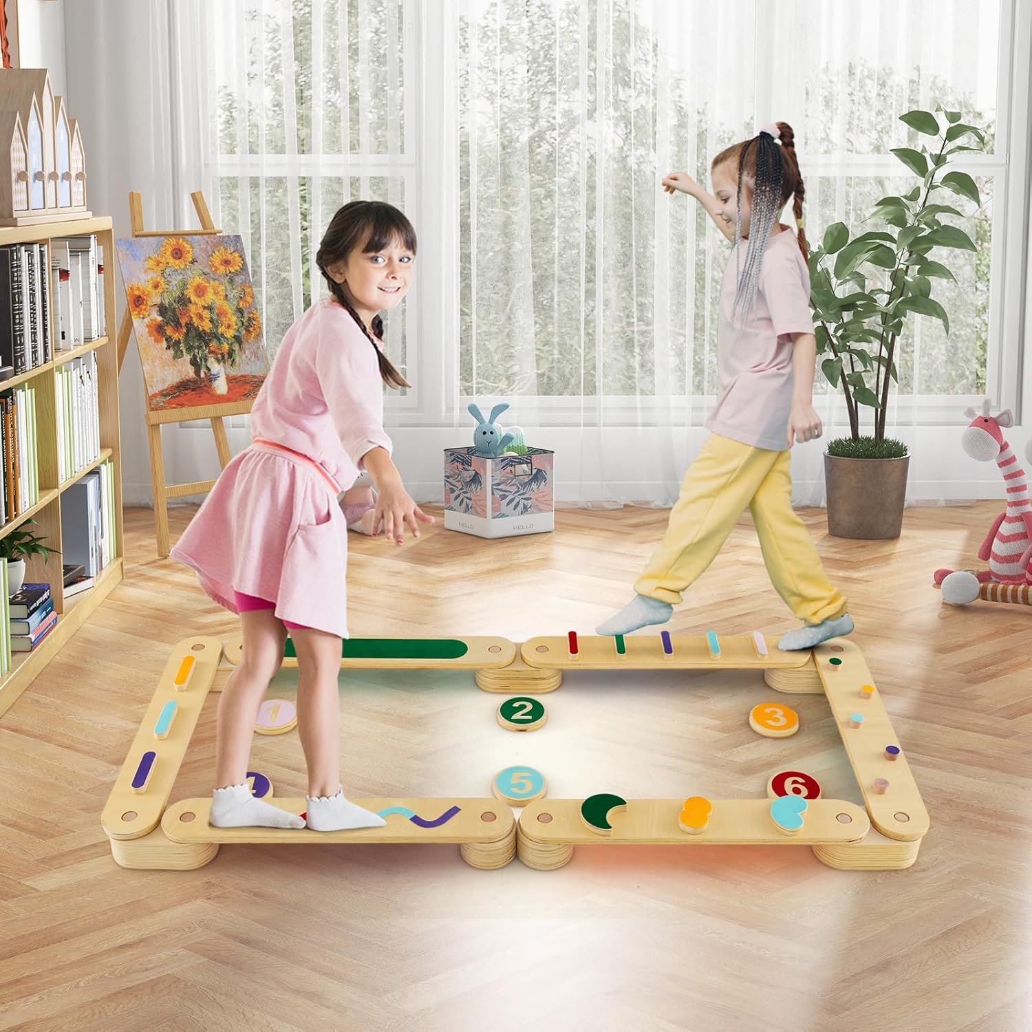 Montessori Wooden Balance Beam Step Stones, Double-Sided 12-pcs Kids Gymnastics Obstacle Course Balance Board Playset for Coordination