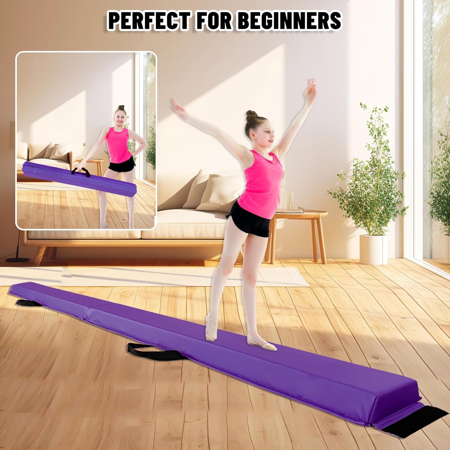 9 FT Folding Gymnastic Balance Beam for Kids with Carry Bag for Home