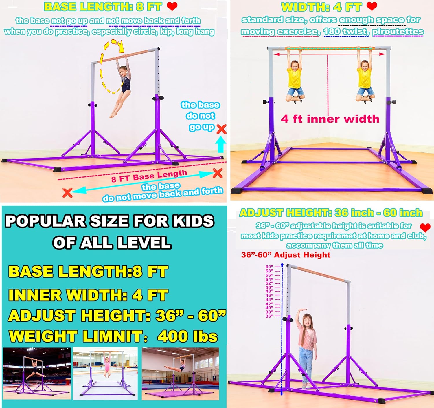 Gymnastic Bar with Mat and 8ft Adjustable Balance Beam for Kids of All Gymnastic Levels Home and Club Use