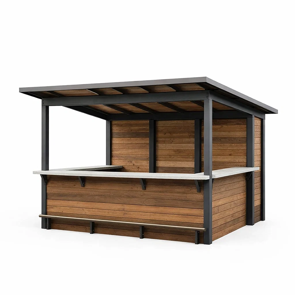 Padiglione bar da esterno in legno e metallo con tettoia-ELEGANTLIVINGNOOK