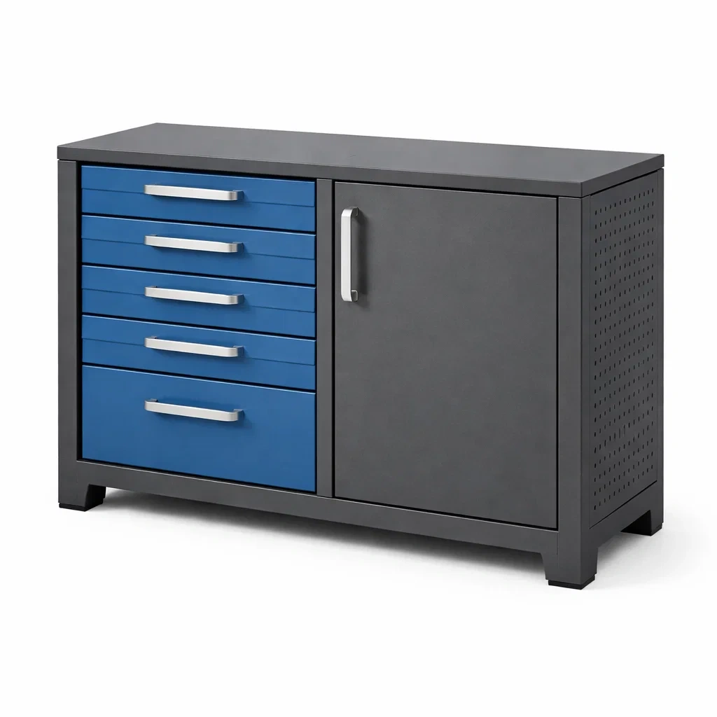 Armadio portautensili in metallo grigio e blu con cassetti e anta-ELEGANTLIVINGNOOK