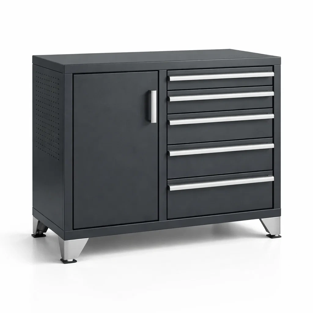 Armadio portautensili in metallo nero con cassetti e anta-ELEGANTLIVINGNOOK