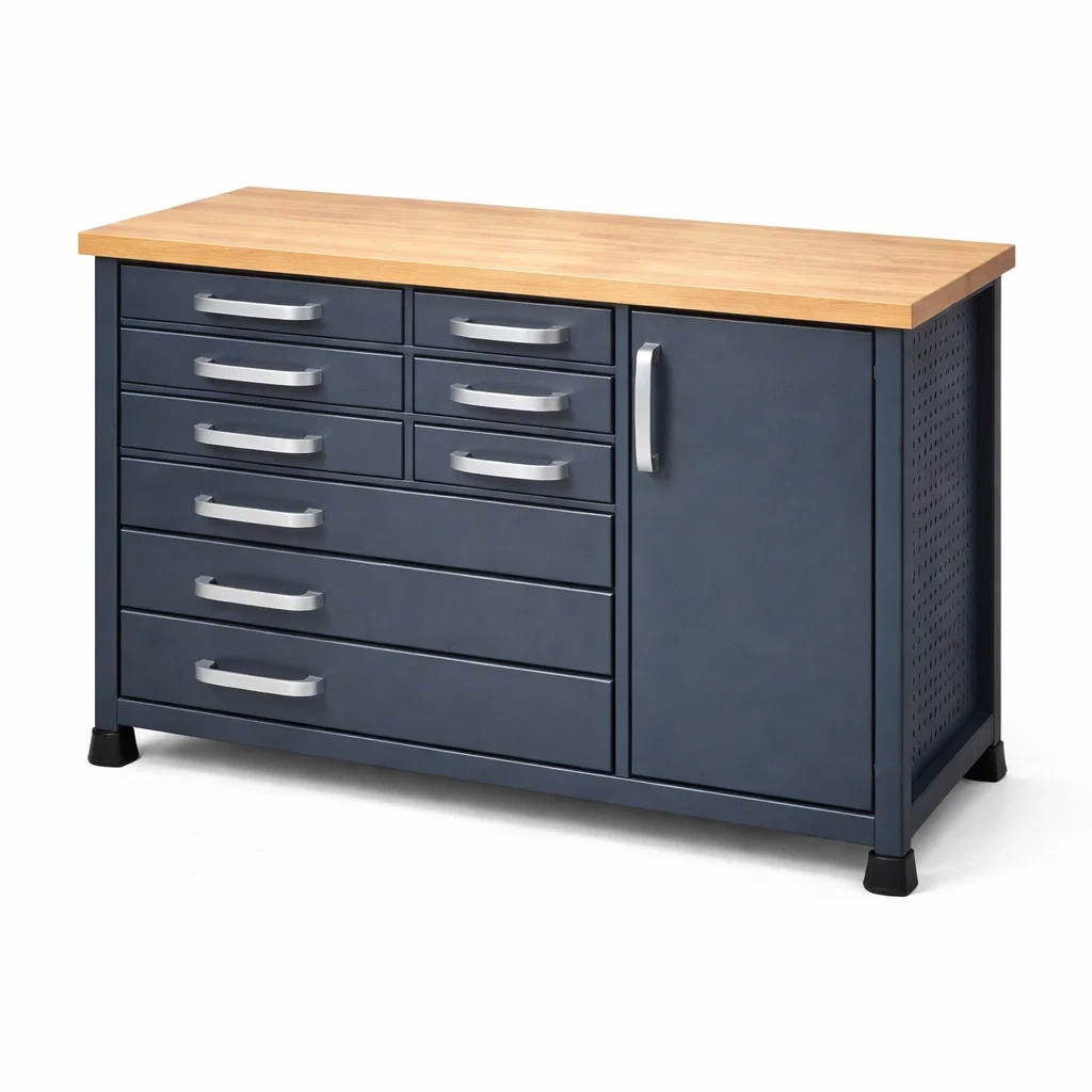 Armadio portautensili in acciaio con cassetti e piano in legno-ELEGANTLIVINGNOOK