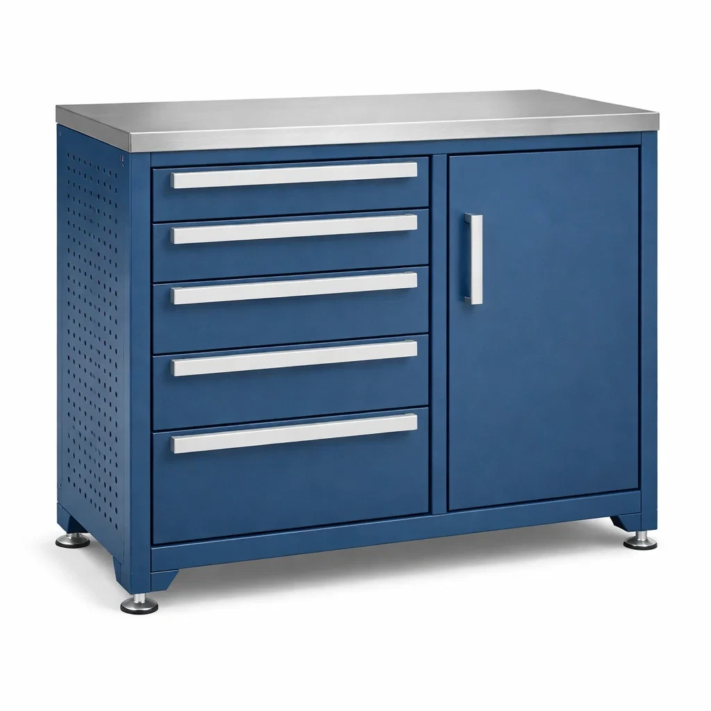 Armadio portautensili da officina in metallo blu con superficie in acciaio inox-ELEGANTLIVINGNOOK