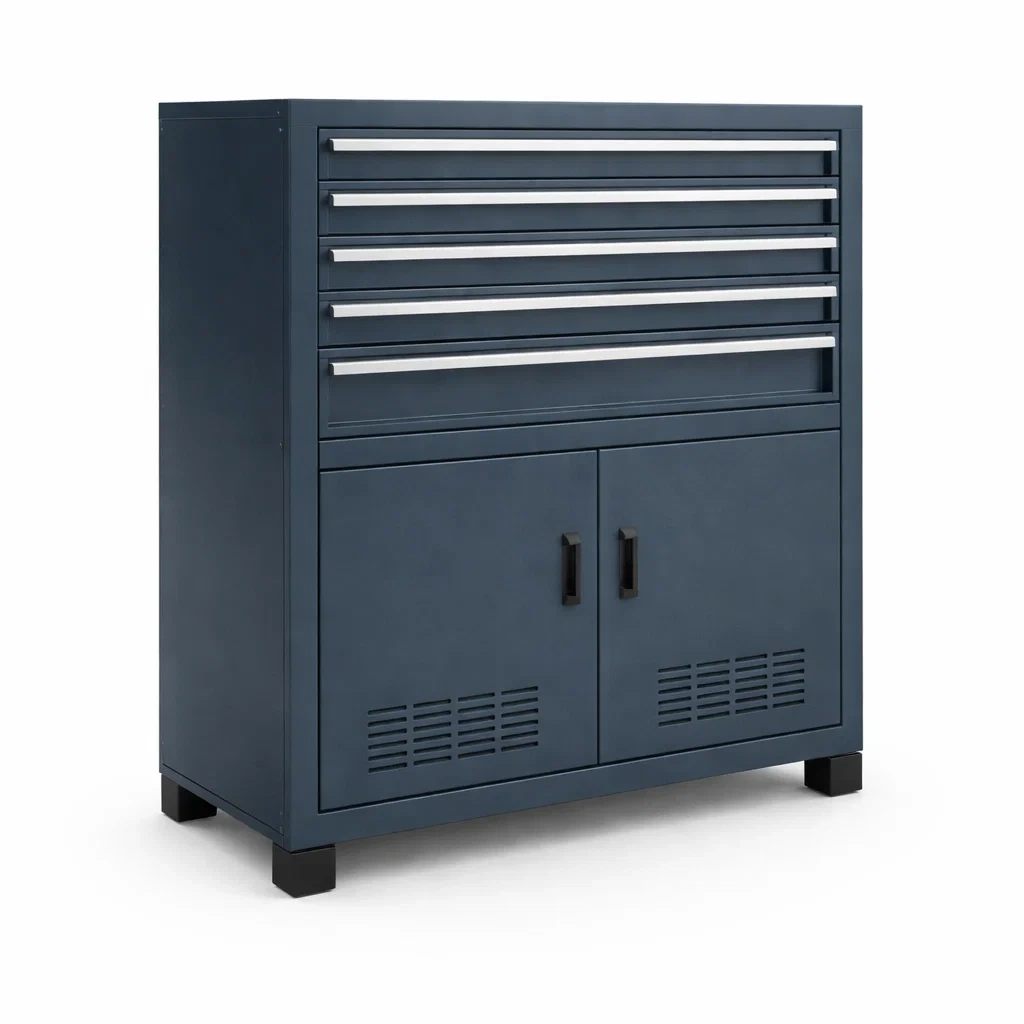Armadio portautensili in metallo blu con cassetti e ante-ELEGANTLIVINGNOOK