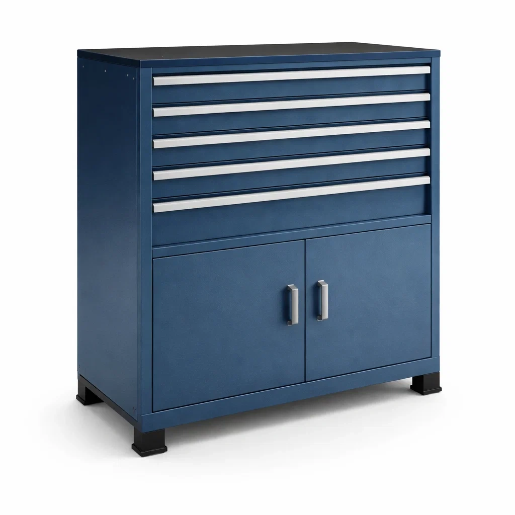 Armadio portautensili in metallo blu con cassetti e ante-ELEGANTLIVINGNOOK