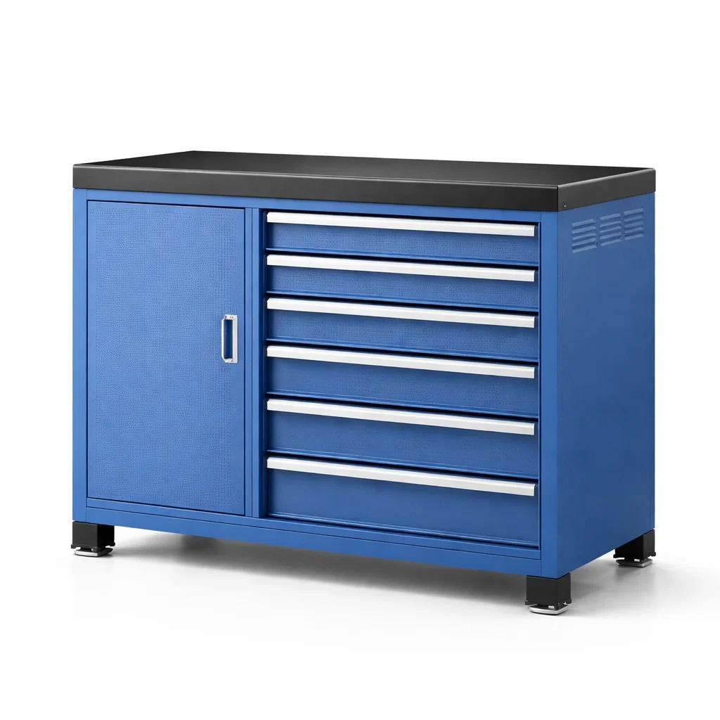 Armadio portautensili in metallo blu con cassetti e anta-ELEGANTLIVINGNOOK