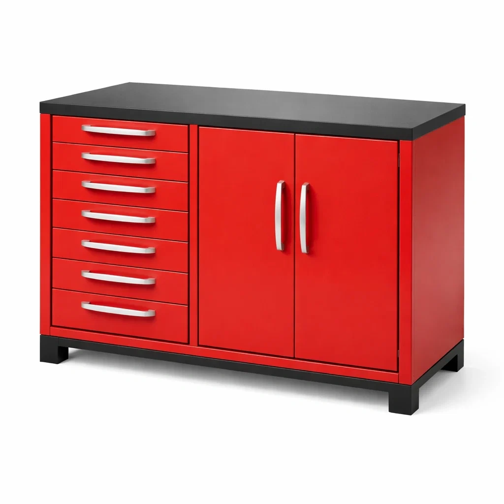 Armadio portautensili in metallo rosso con cassetti e ante-ELEGANTLIVINGNOOK