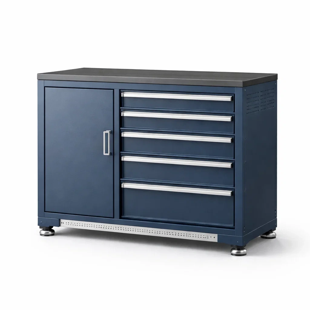 Armadio portautensili in metallo blu con cassetti e porta-ELEGANTLIVINGNOOK