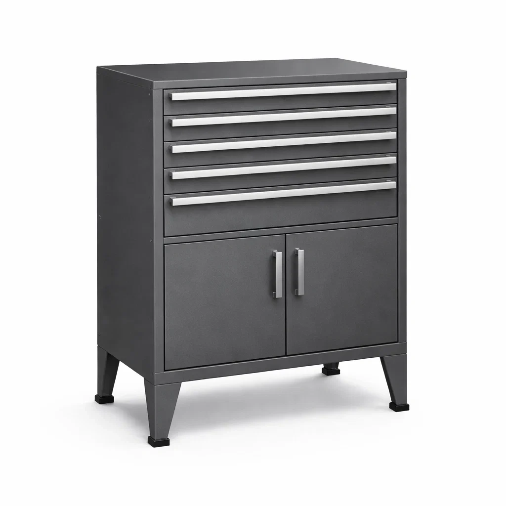 Armadio portautensili in metallo grigio con cassetti e ante-ELEGANTLIVINGNOOK