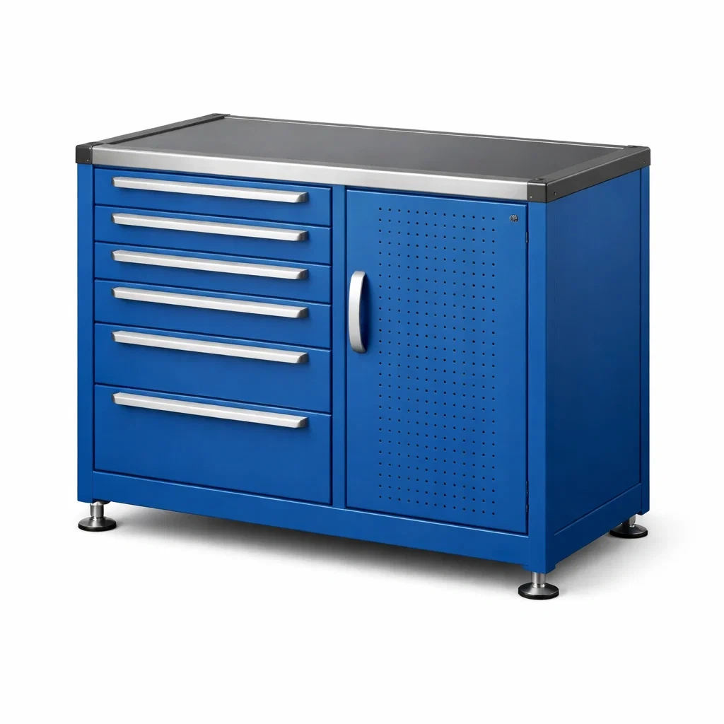 Armadio portautensili da officina in metallo verniciato blu con cassetti e anta-ELEGANTLIVINGNOOK