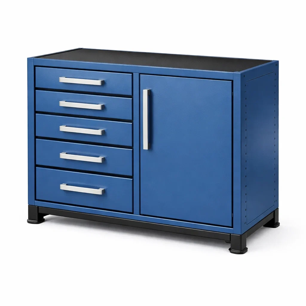 Armadio portautensili in metallo blu con cassetti e anta-ELEGANTLIVINGNOOK