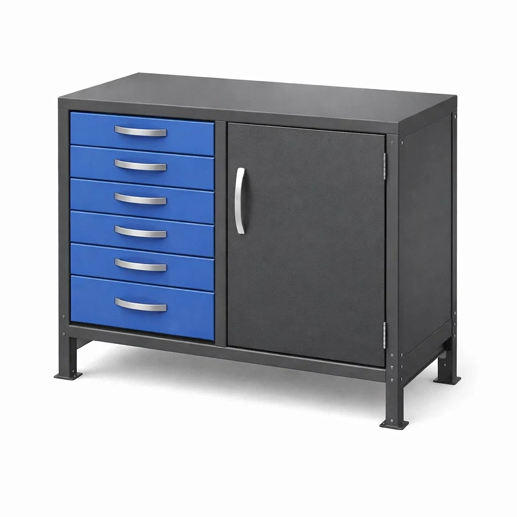 Armadio portautensili in acciaio verniciato con cassetti blu e porta grigia-ELEGANTLIVINGNOOK