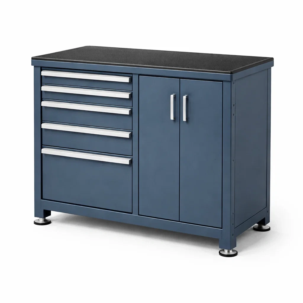 Armadio portautensili in metallo con cassetti e ante blu-ELEGANTLIVINGNOOK