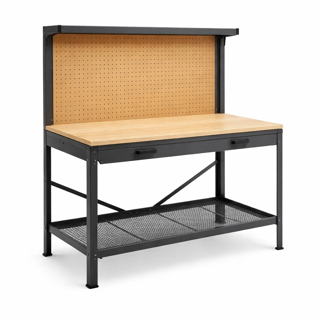 Banco da lavoro in metallo e legno con pannello forato-ELEGANTLIVINGNOOK