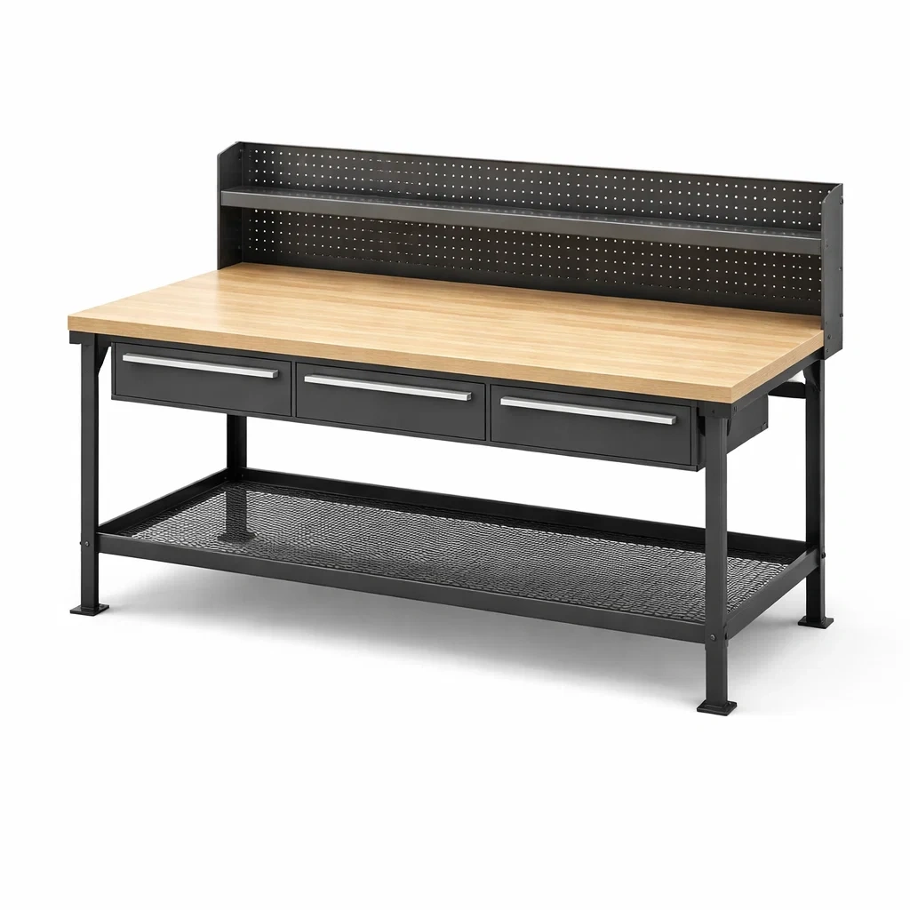 Banco da lavoro in acciaio nero con piano in legno-ELEGANTLIVINGNOOK