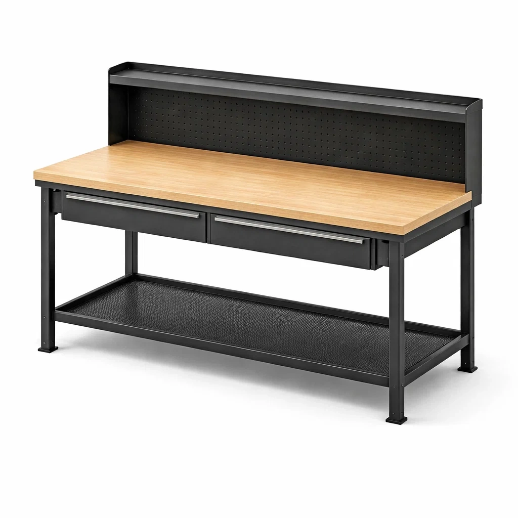 Banco da lavoro in metallo e mdf con cassetti nero e legno chiaro-ELEGANTLIVINGNOOK