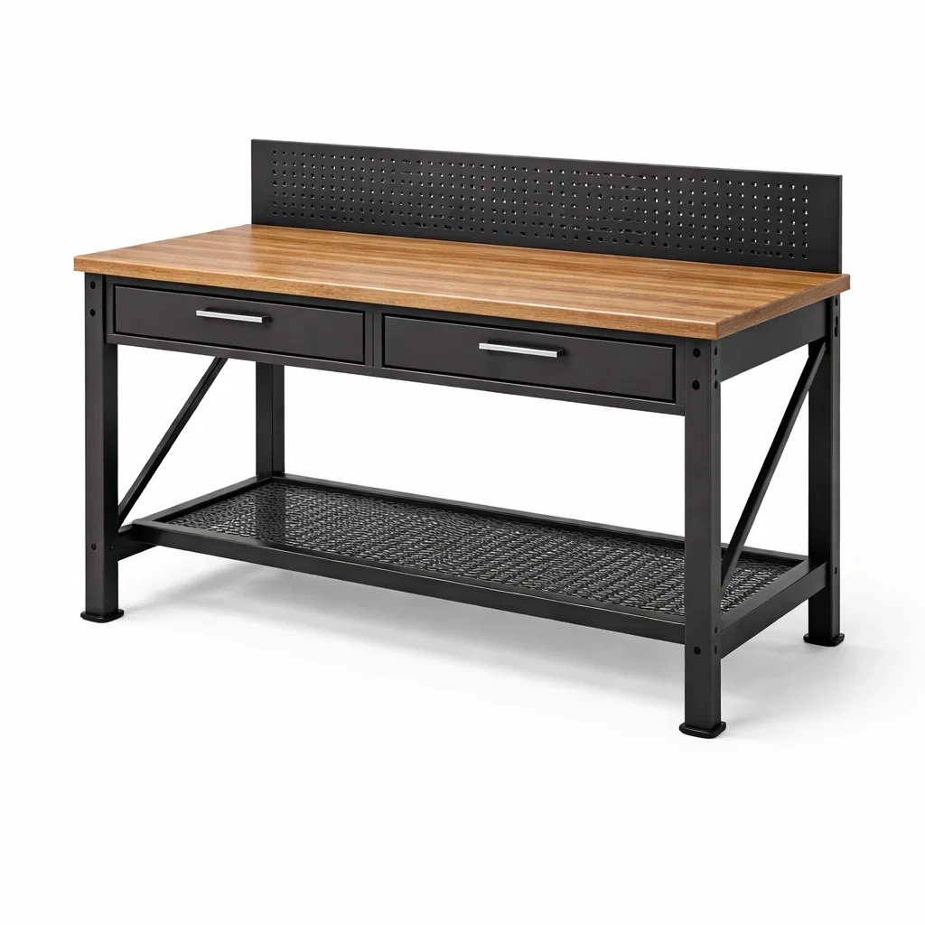 Banco da lavoro in metallo e legno con cassetti-ELEGANTLIVINGNOOK
