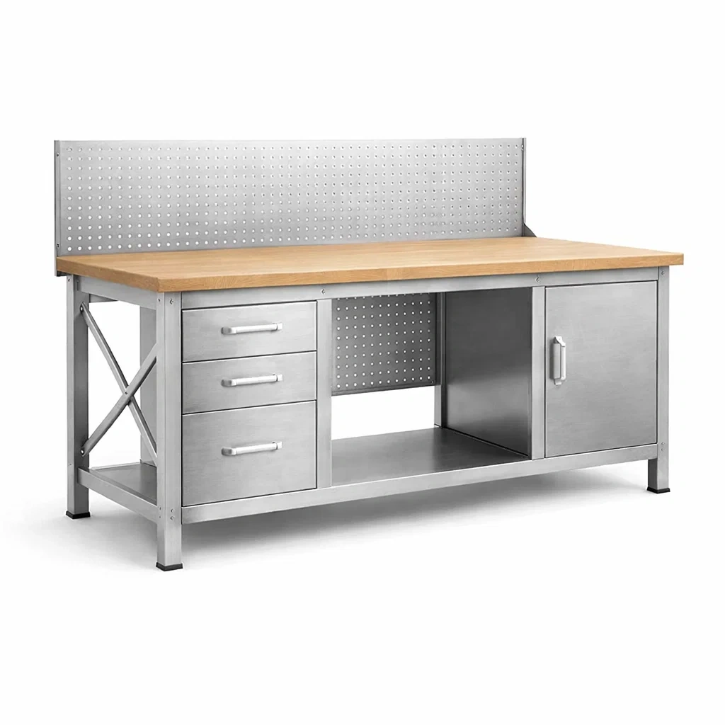 Banco da lavoro in acciaio e legno con cassetti e anta-ELEGANTLIVINGNOOK