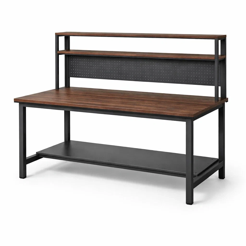 Banco da lavoro in legno e metallo con mensole-ELEGANTLIVINGNOOK