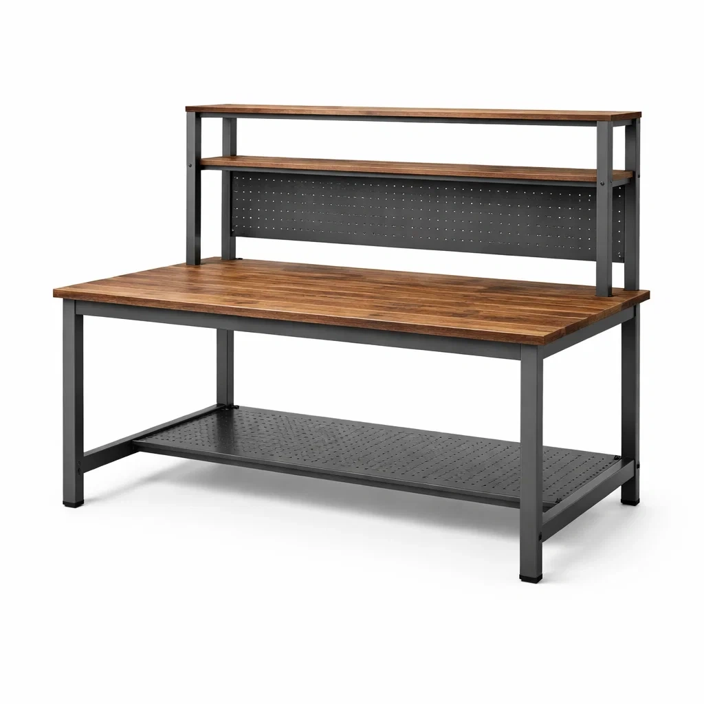 Banco da lavoro in legno e metallo con mensole e fondo forato-ELEGANTLIVINGNOOK