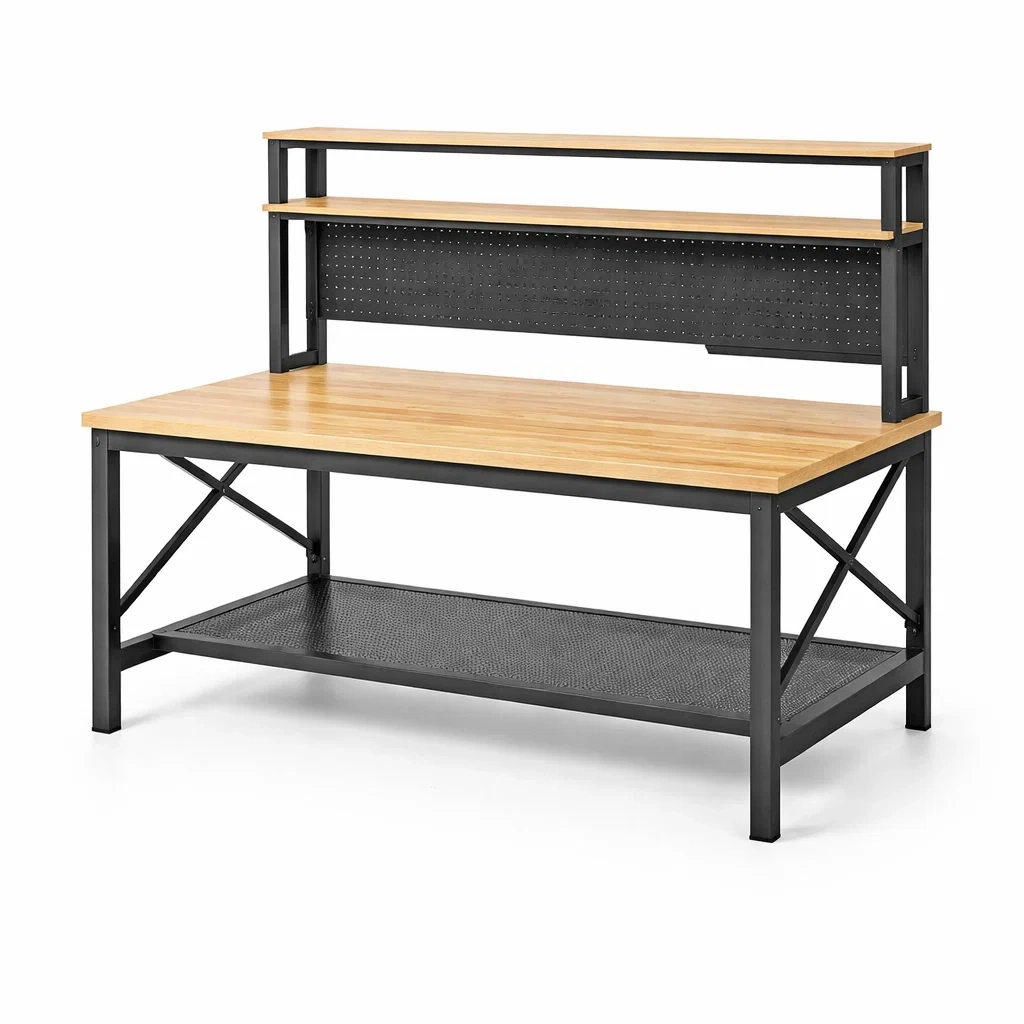 Banco da lavoro in metallo con ripiano in legno multistrato nero-ELEGANTLIVINGNOOK