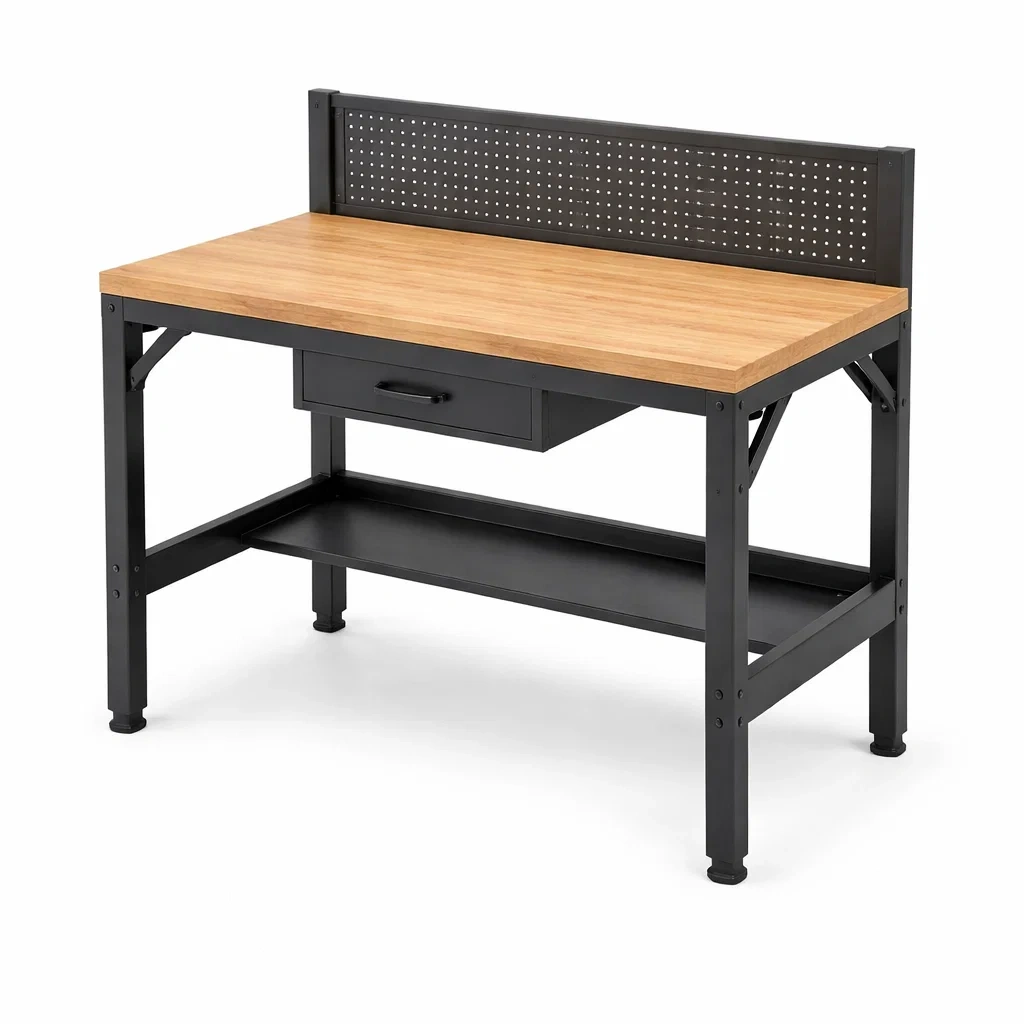 Banco da lavoro in metallo e legno di faggio con cassetto e ripiano-ELEGANTLIVINGNOOK