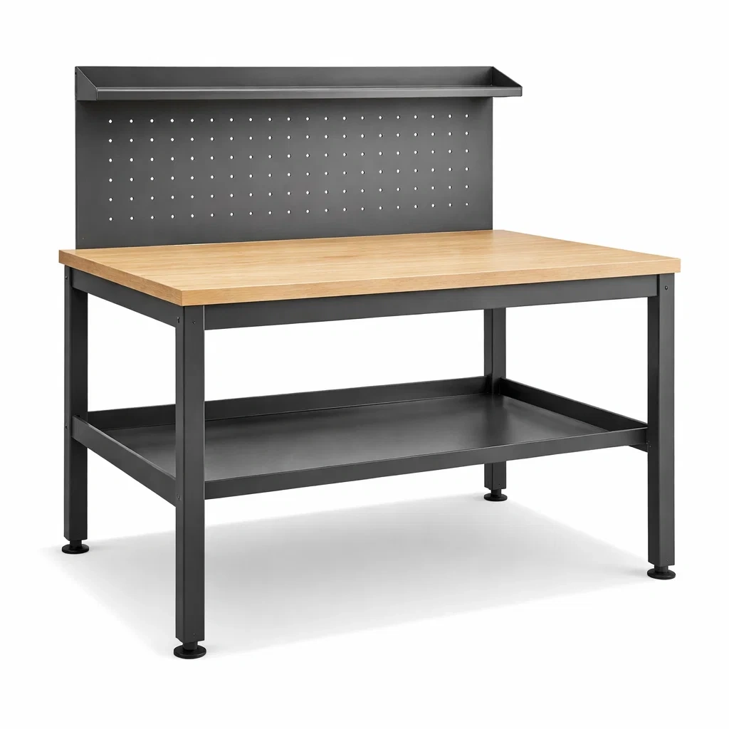 Banco da lavoro in metallo e legno di faggio con parete forata-ELEGANTLIVINGNOOK