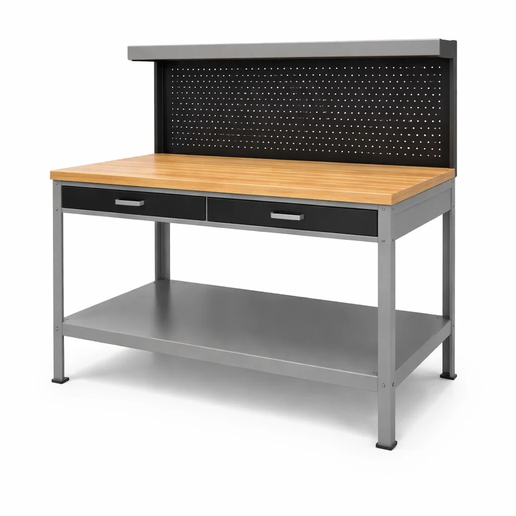 Banco da lavoro in metallo e legno con pannello perforato-ELEGANTLIVINGNOOK