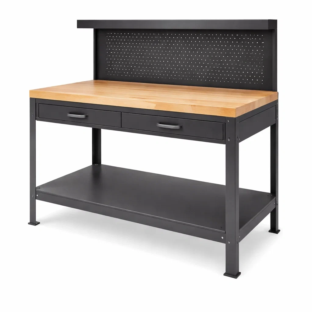 Banco da lavoro in legno e metallo con cassetti e ripiano-ELEGANTLIVINGNOOK