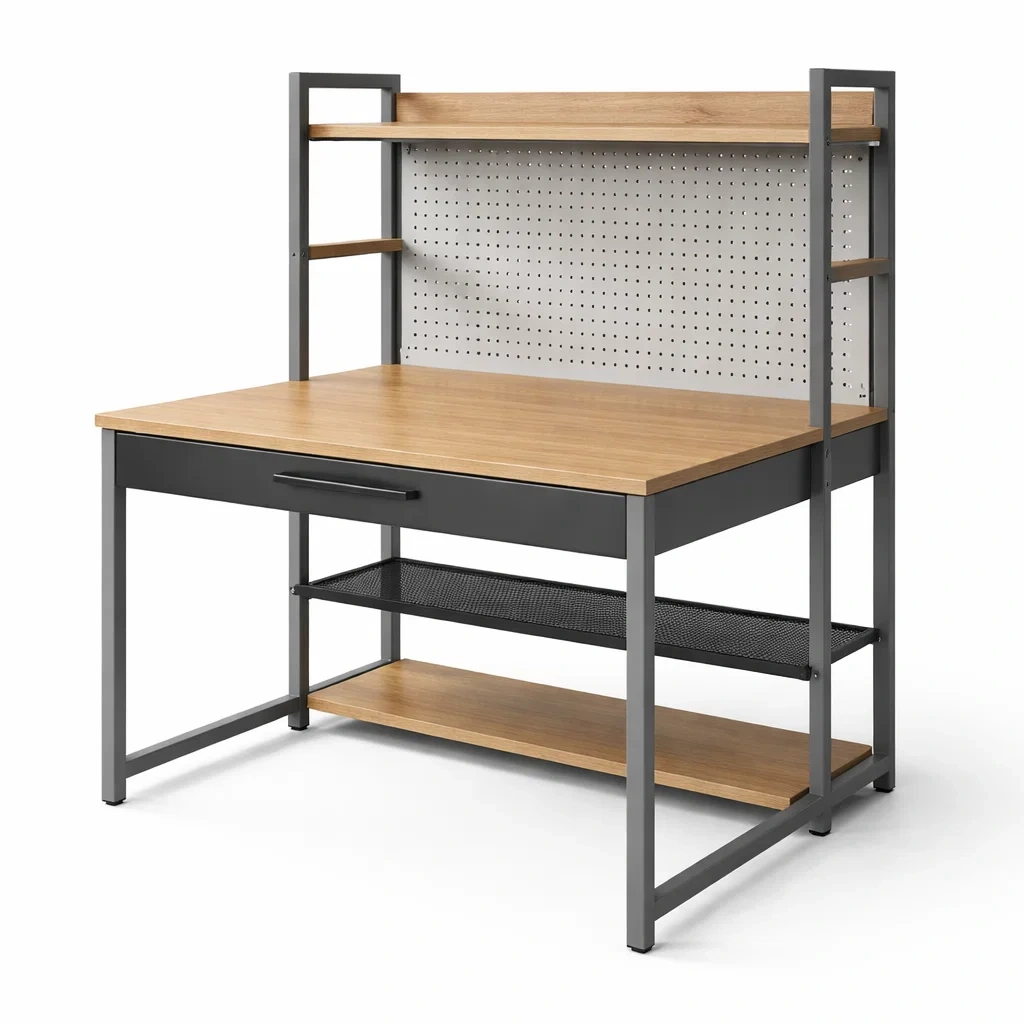 Banco da lavoro in legno e metallo con mensole e pannello forato-ELEGANTLIVINGNOOK