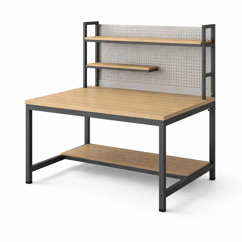 Banco da lavoro in legno e metallo con ripiani-ELEGANTLIVINGNOOK